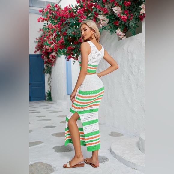 Striped Openwork Cropped Tank and Split Skirt Set - Picture 14 of 16